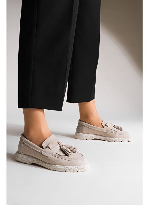 Marjin Kadın Hakiki Deri Loafer Günlük Ayakkabı Suma Bej Süet - Görsel 6