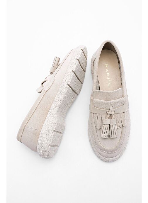 Marjin Kadın Hakiki Deri Loafer Günlük Ayakkabı Suma Bej Süet - Görsel 9
