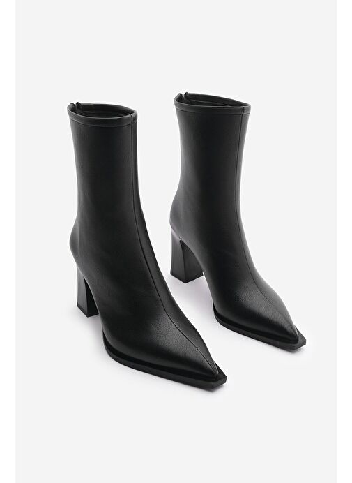 Kadın Topuklu Bot Sivri Burun Arkadan Fermuarlı Kalın Ökçe Kikas Siyah - Görsel 6