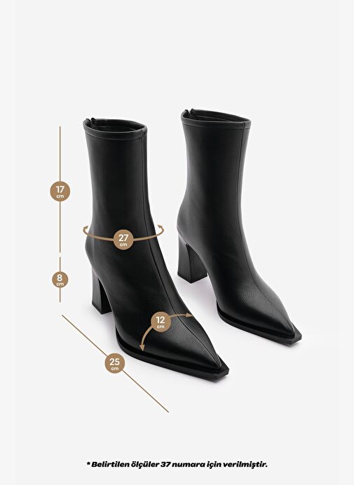 Kadın Topuklu Bot Sivri Burun Arkadan Fermuarlı Kalın Ökçe Kikas Siyah - Görsel 9