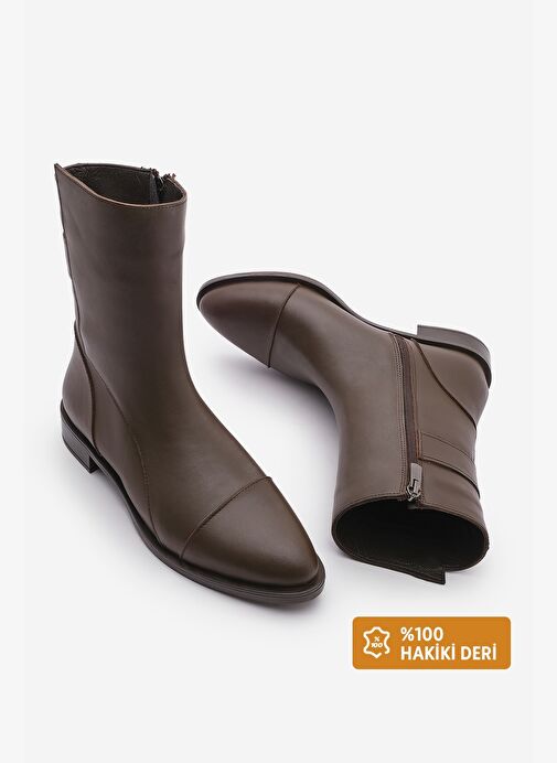 Kadın Hakiki Deri Günlük Bot Fermuarlı Tekas Kahve - Görsel 2