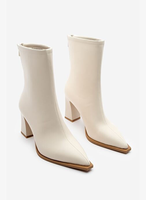 Kadın Topuklu Bot Sivri Burun Arkadan Fermuarlı Kalın Ökçe Kikas Ekru - Görsel 6