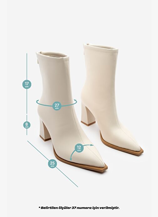 Kadın Topuklu Bot Sivri Burun Arkadan Fermuarlı Kalın Ökçe Kikas Ekru - Görsel 9