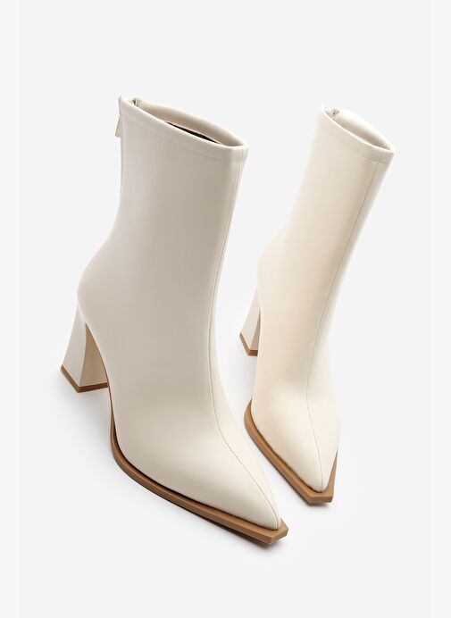 Kadın Topuklu Bot Sivri Burun Arkadan Fermuarlı Kalın Ökçe Kikas Ekru - Görsel 2