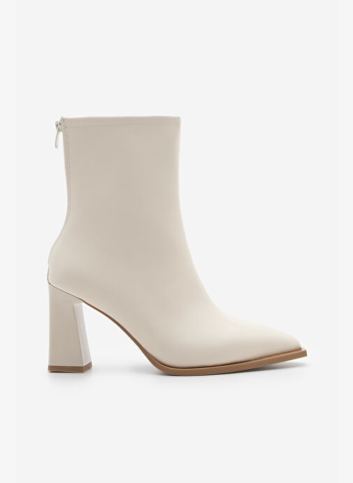 Kadın Topuklu Bot Sivri Burun Arkadan Fermuarlı Kalın Ökçe Kikas Ekru - Görsel 4