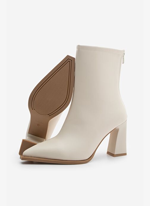Kadın Topuklu Bot Sivri Burun Arkadan Fermuarlı Kalın Ökçe Kikas Ekru - Görsel 8
