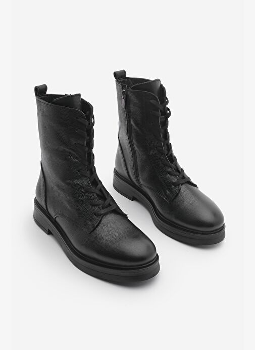Kadın Hakiki Deri Postal Bot Bağcıklı Fermuarlı Kafle Siyah - Görsel 5