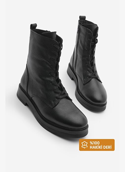 Kadın Hakiki Deri Postal Bot Bağcıklı Fermuarlı Kafle Siyah - Görsel 3
