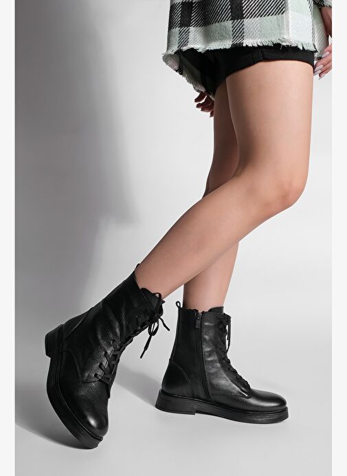 Kadın Hakiki Deri Postal Bot Bağcıklı Fermuarlı Kafle Siyah - Görsel 4