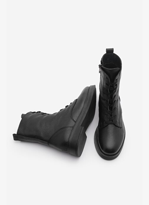 Kadın Hakiki Deri Postal Bot Bağcıklı Fermuarlı Kafle Siyah - Görsel 7