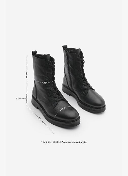 Kadın Hakiki Deri Postal Bot Bağcıklı Fermuarlı Kafle Siyah - Görsel 2