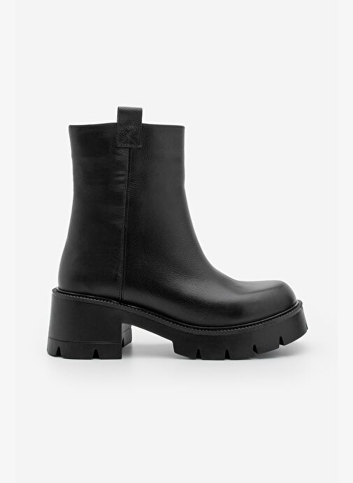 Kadın Hakiki Deri Günlük Bot Kalın Tırtıklı Taban Fesko Siyah - Görsel 4