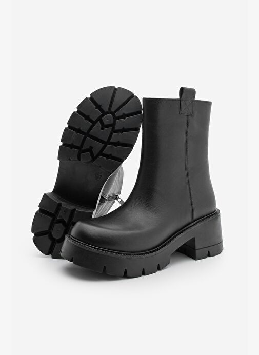 Kadın Hakiki Deri Günlük Bot Kalın Tırtıklı Taban Fesko Siyah - Görsel 8