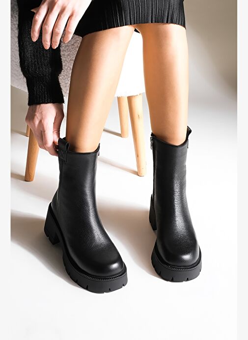 Kadın Hakiki Deri Günlük Bot Kalın Tırtıklı Taban Fesko Siyah - Görsel 5