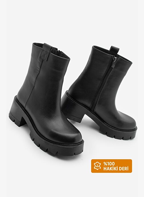 Kadın Hakiki Deri Günlük Bot Kalın Tırtıklı Taban Fesko Siyah - Görsel 2