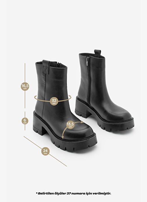 Kadın Hakiki Deri Günlük Bot Kalın Tırtıklı Taban Fesko Siyah - Görsel 9