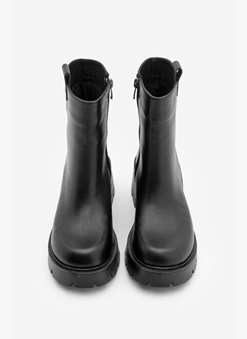 Kadın Hakiki Deri Günlük Bot Kalın Tırtıklı Taban Fesko Siyah - Görsel 6