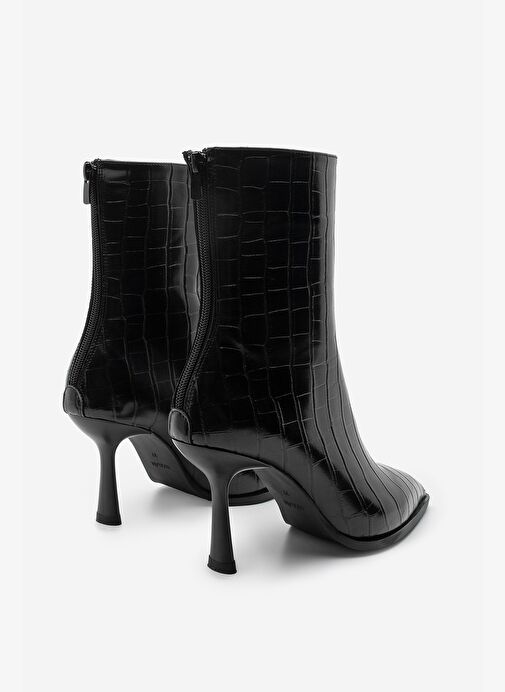 Kadın Topuklu Bot Sivri Burun Kadeh Ökçe Arkadan Fermuarlı Günlük Klasik Bot Monos Siyah Croco - Görsel 8