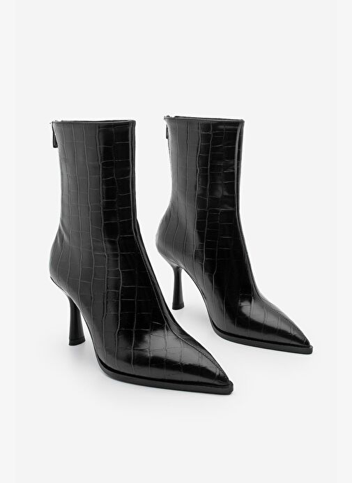 Kadın Topuklu Bot Sivri Burun Kadeh Ökçe Arkadan Fermuarlı Günlük Klasik Bot Monos Siyah Croco - Görsel 6