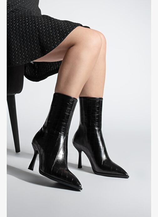 Kadın Topuklu Bot Sivri Burun Kadeh Ökçe Arkadan Fermuarlı Günlük Klasik Bot Monos Siyah Croco - Görsel 3