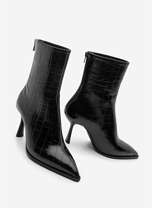 Kadın Topuklu Bot Sivri Burun Kadeh Ökçe Arkadan Fermuarlı Günlük Klasik Bot Monos Siyah Croco - Görsel 2