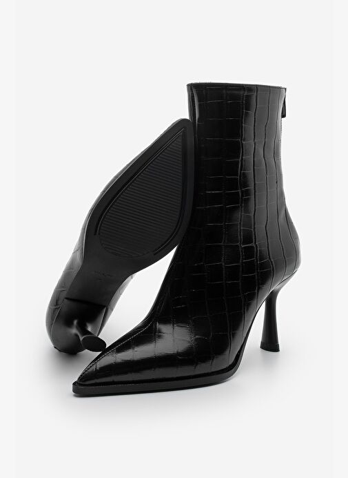 Kadın Topuklu Bot Sivri Burun Kadeh Ökçe Arkadan Fermuarlı Günlük Klasik Bot Monos Siyah Croco - Görsel 9