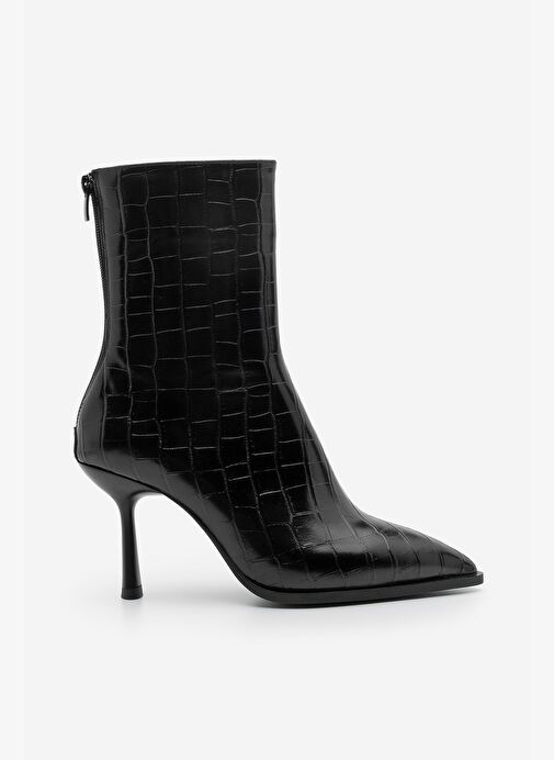 Kadın Topuklu Bot Sivri Burun Kadeh Ökçe Arkadan Fermuarlı Günlük Klasik Bot Monos Siyah Croco - Görsel 4