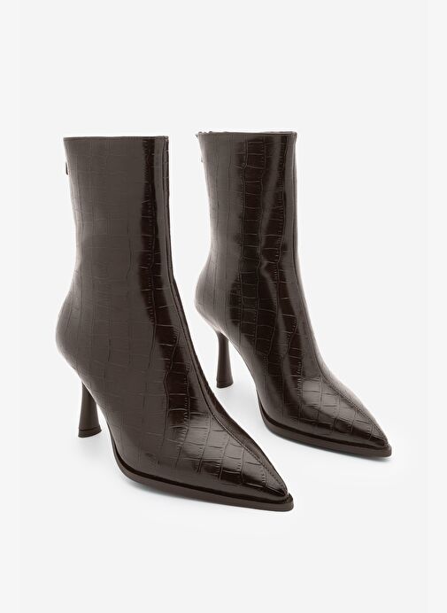 Kadın Topuklu Bot Sivri Burun Kadeh Ökçe Arkadan Fermuarlı Günlük Klasik Bot Monos Kahve Croco - Görsel 6
