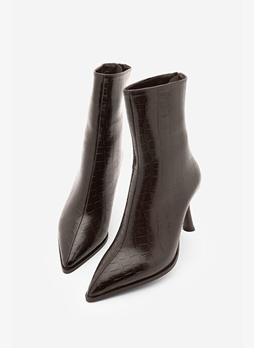 Kadın Topuklu Bot Sivri Burun Kadeh Ökçe Arkadan Fermuarlı Günlük Klasik Bot Monos Kahve Croco - Görsel 2