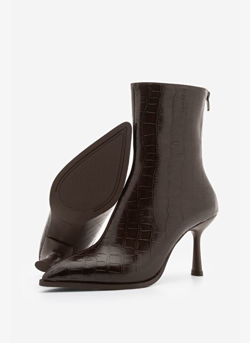 Kadın Topuklu Bot Sivri Burun Kadeh Ökçe Arkadan Fermuarlı Günlük Klasik Bot Monos Kahve Croco - Görsel 8