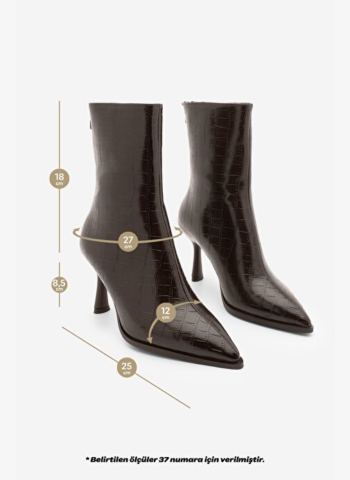 Kadın Topuklu Bot Sivri Burun Kadeh Ökçe Arkadan Fermuarlı Günlük Klasik Bot Monos Kahve Croco - Görsel 9