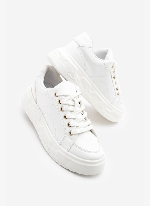 Kadın Sneaker Kalın Desenli Taban Bağcıklı Spor Ayakkabı Bekor Beyaz - Görsel 2