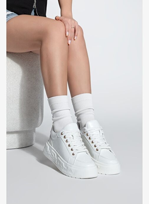 Kadın Sneaker Kalın Desenli Taban Bağcıklı Spor Ayakkabı Bekor Beyaz - Görsel 5