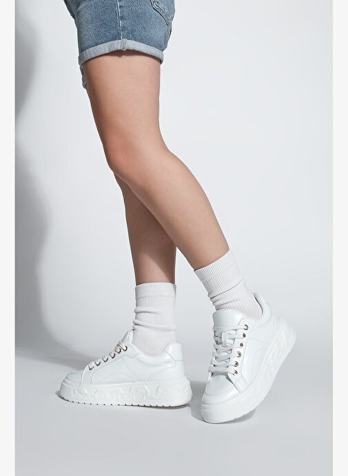 Kadın Sneaker Kalın Desenli Taban Bağcıklı Spor Ayakkabı Bekor Beyaz - Görsel 7