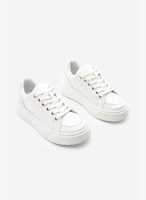 Kadın Sneaker Kalın Desenli Taban Bağcıklı Spor Ayakkabı Bekor Beyaz - Görsel 6