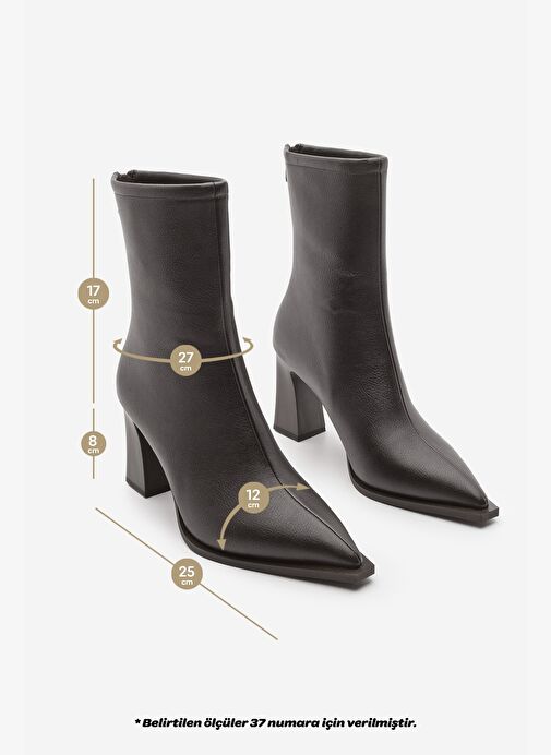 Kadın Topuklu Bot Sivri Burun Arkadan Fermuarlı Kalın Ökçe Kikas Kahve - Görsel 9