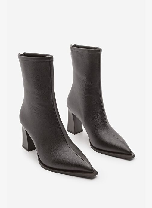 Kadın Topuklu Bot Sivri Burun Arkadan Fermuarlı Kalın Ökçe Kikas Kahve - Görsel 6