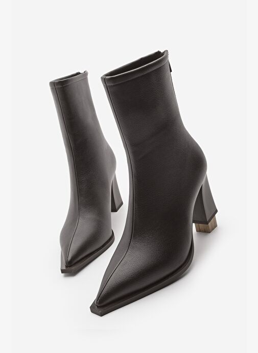 Kadın Topuklu Bot Sivri Burun Arkadan Fermuarlı Kalın Ökçe Kikas Kahve - Görsel 2