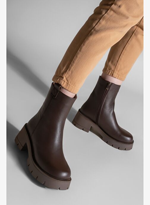 Kadın Hakiki Deri Günlük Bot Kalın Tırtıklı Taban Fesko Kahve - Görsel 2
