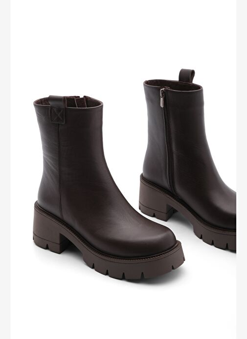 Kadın Hakiki Deri Günlük Bot Kalın Tırtıklı Taban Fesko Kahve - Görsel 5