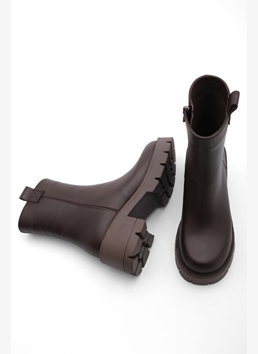 Kadın Hakiki Deri Günlük Bot Kalın Tırtıklı Taban Fesko Kahve - Görsel 4