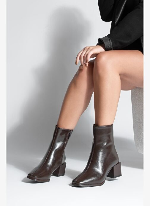 Kadın Topuklu Bot&Bootie Küt Burun Ahşap Desen Ökçe Fermuarlı Günlük Klasik Bot Noyes Kahve - Görsel 3
