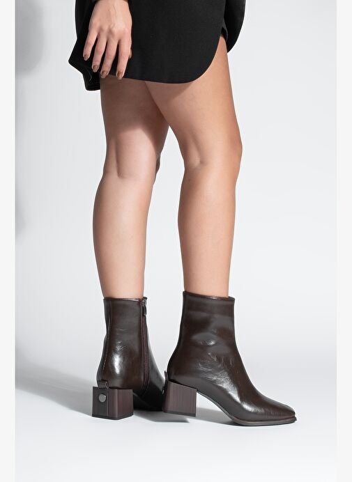 Kadın Topuklu Bot&Bootie Küt Burun Ahşap Desen Ökçe Fermuarlı Günlük Klasik Bot Noyes Kahve - Görsel 5