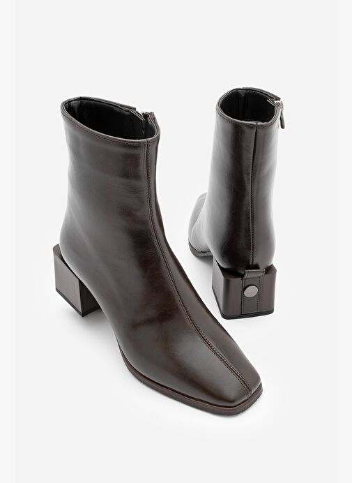 Kadın Topuklu Bot&Bootie Küt Burun Ahşap Desen Ökçe Fermuarlı Günlük Klasik Bot Noyes Kahve - Görsel 2