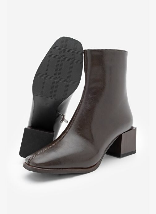 Kadın Topuklu Bot&Bootie Küt Burun Ahşap Desen Ökçe Fermuarlı Günlük Klasik Bot Noyes Kahve - Görsel 6