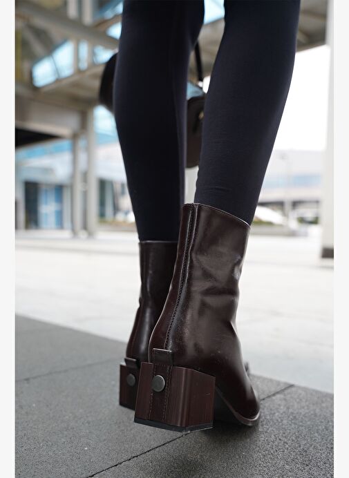 Kadın Topuklu Bot&Bootie Küt Burun Ahşap Desen Ökçe Fermuarlı Günlük Klasik Bot Noyes Kahve - Görsel 9