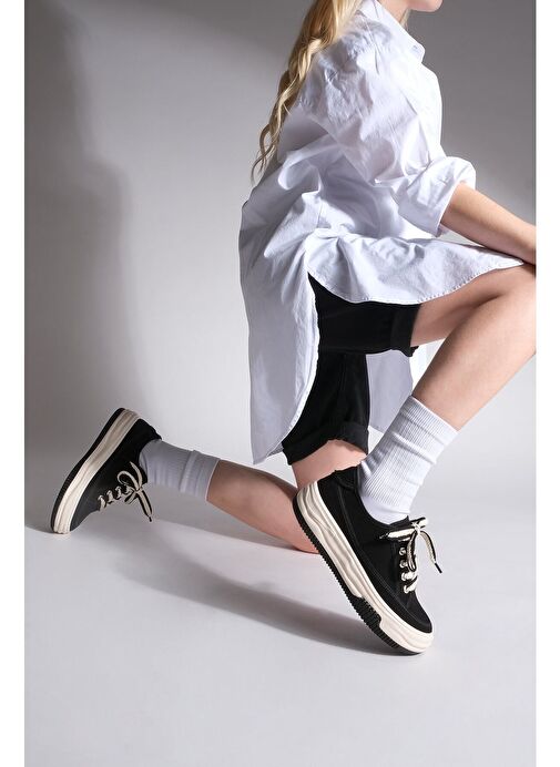 Kadın Sneaker Yüksek Taban Bağcıklı Bez Spor Ayakkabı Kotnel Siyah - Görsel 5