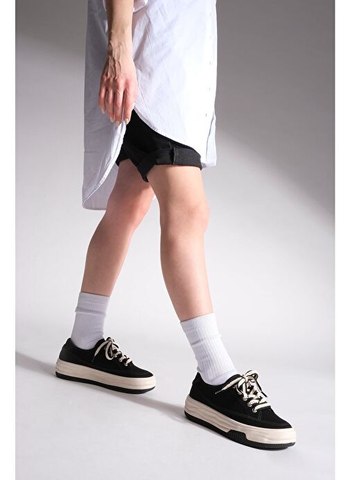 Kadın Sneaker Yüksek Taban Bağcıklı Bez Spor Ayakkabı Kotnel Siyah - Görsel 7