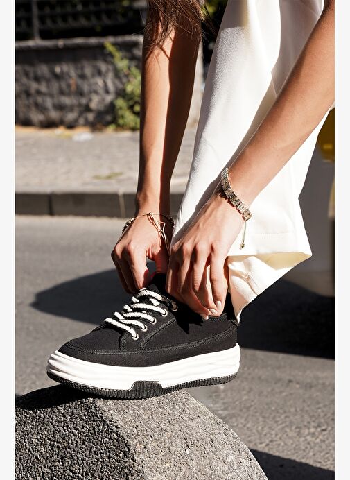 Kadın Sneaker Yüksek Taban Bağcıklı Bez Spor Ayakkabı Kotnel Siyah - Görsel 3