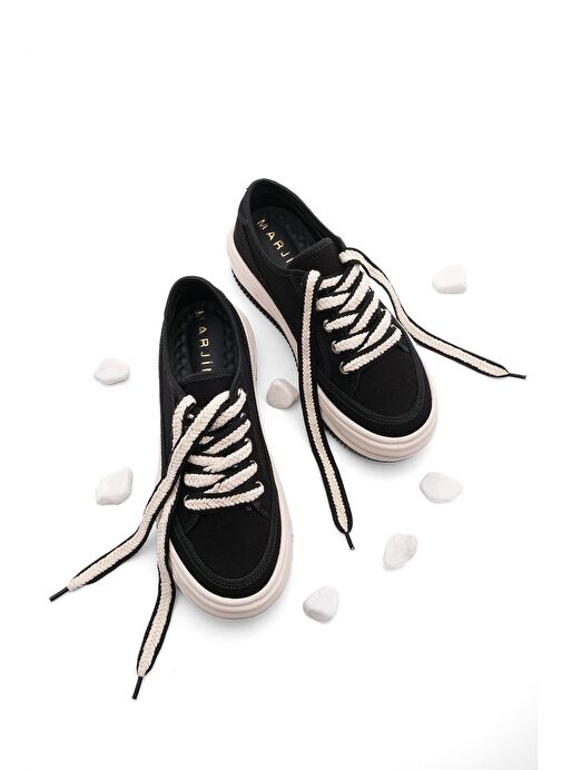 Kadın Sneaker Yüksek Taban Bağcıklı Bez Spor Ayakkabı Kotnel Siyah - Görsel 2